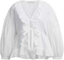 (Women) COACH White Ruffle V-Neck Long Sleeve Cotton Shirt SS25 CAY68-WHT (Women) COACH White Ruffle V-Neck Long Sleeve Cotton Shirt SS25 CAY68-WHT