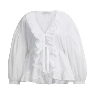 (Women) COACH White Ruffle V-Neck Long Sleeve Cotton Shirt SS25 CAY68-WHT