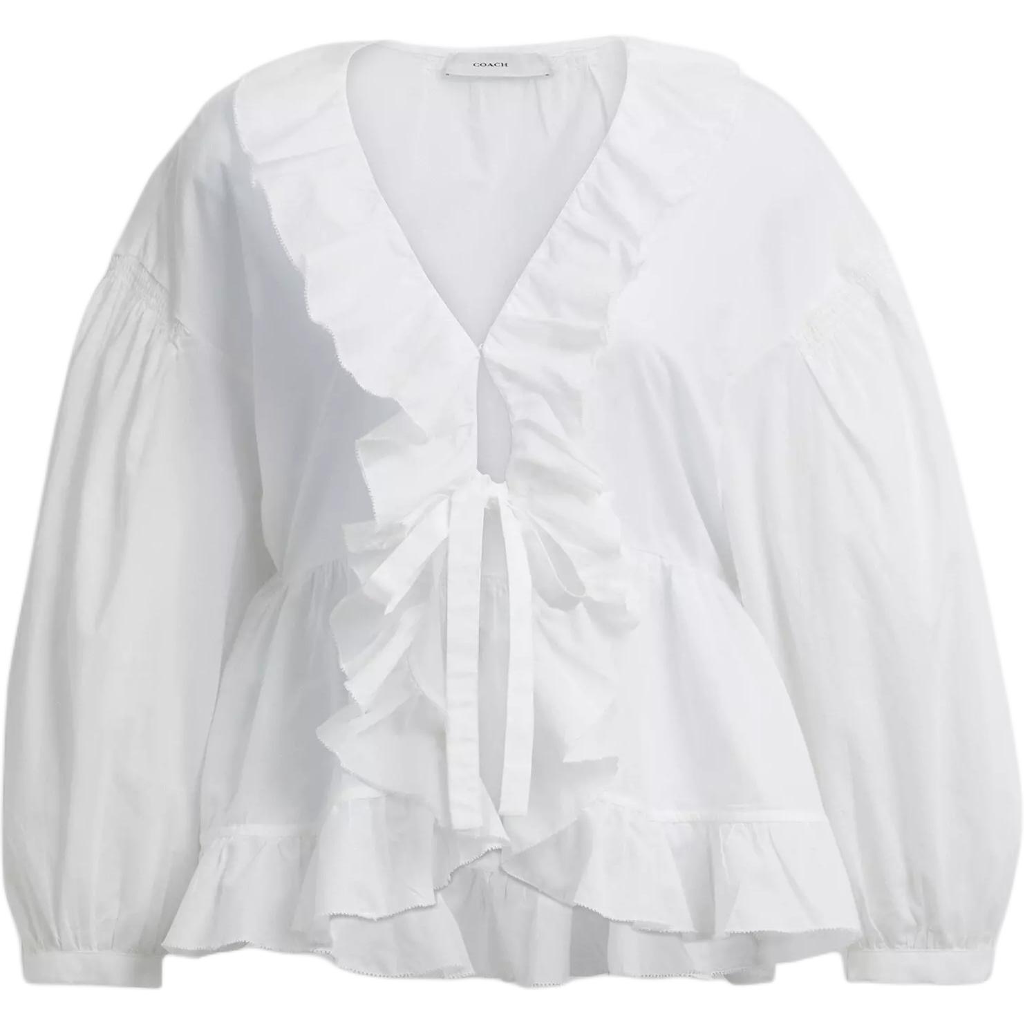 Order (Women) COACH  White Ruffle V-Neck Long Sleeve Cotton Shirt SS25 CAY68-WHT