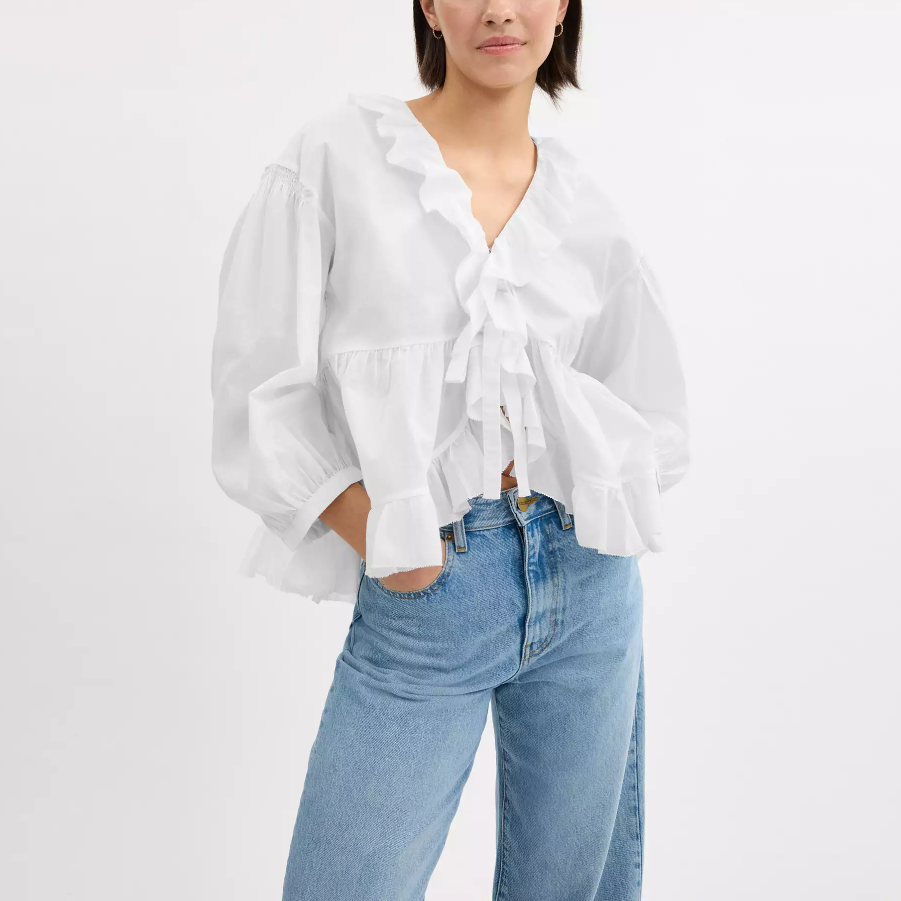Lookbook (Women) COACH  White Ruffle V-Neck Long Sleeve Cotton Shirt SS25 CAY68-WHT