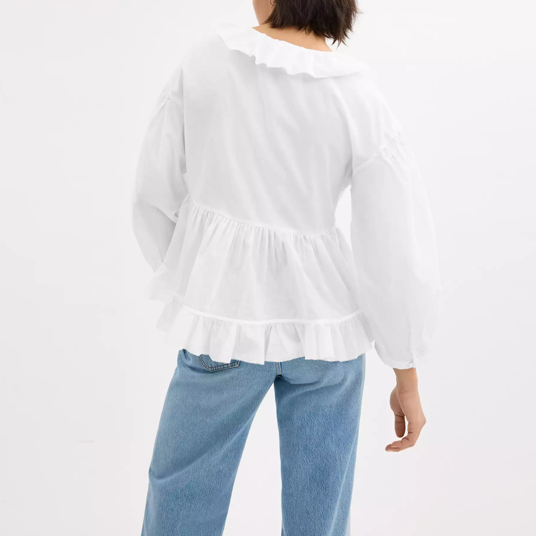 Shop (Women) COACH  White Ruffle V-Neck Long Sleeve Cotton Shirt SS25 CAY68-WHT