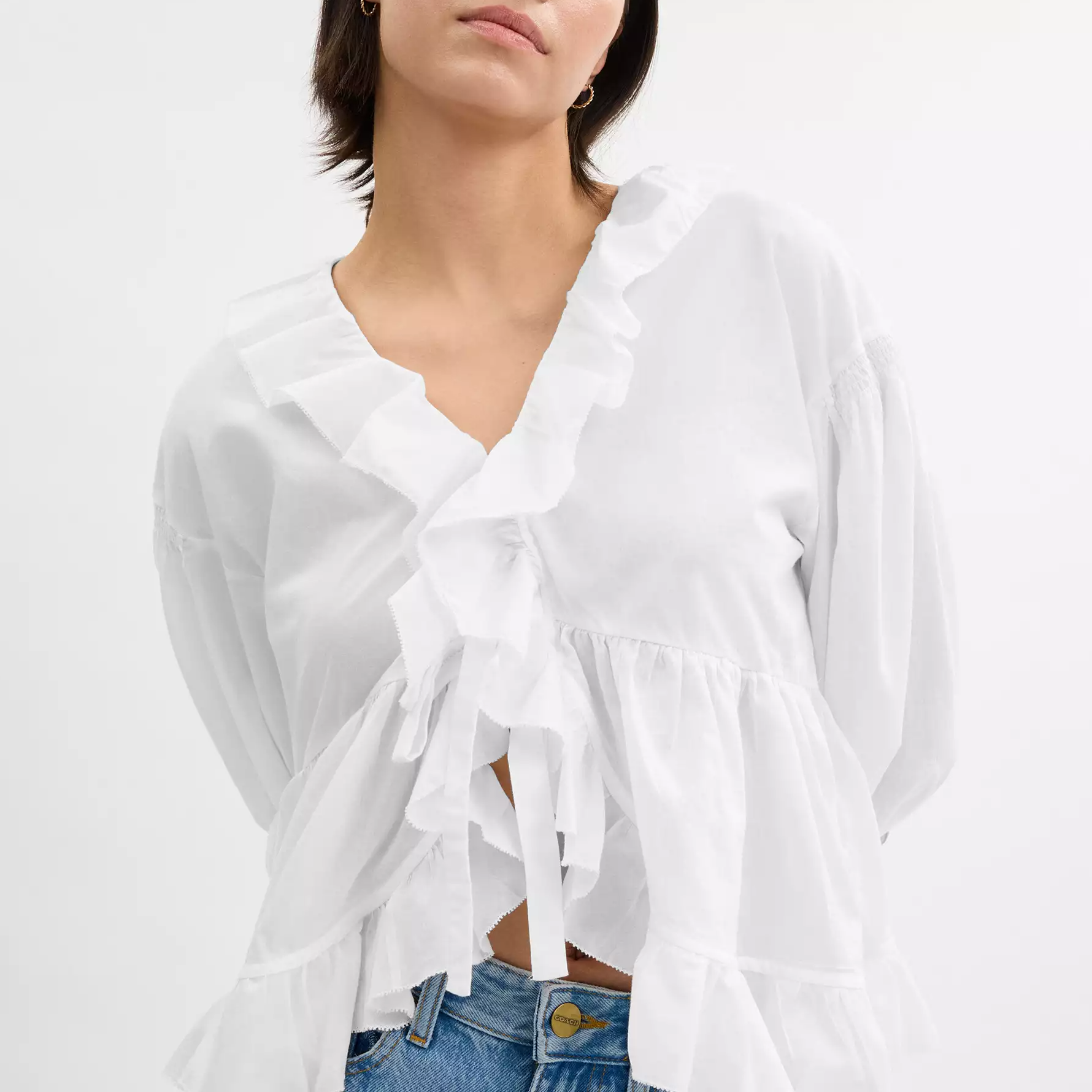 Purchase (Women) COACH  White Ruffle V-Neck Long Sleeve Cotton Shirt SS25 CAY68-WHT