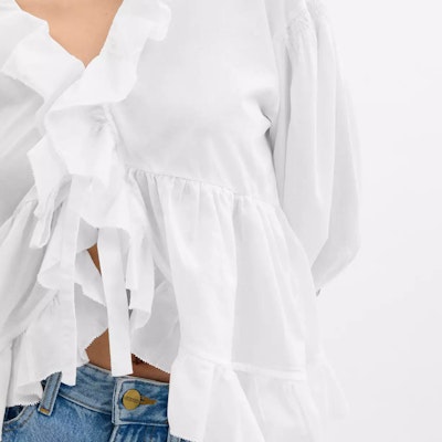 (Women) COACH White Ruffle V-Neck Long Sleeve Cotton Shirt SS25 CAY68-WHT Details for (Women) COACH White Ruffle V-Neck Long Sleeve Cotton Shirt SS25 CAY68-WHT
