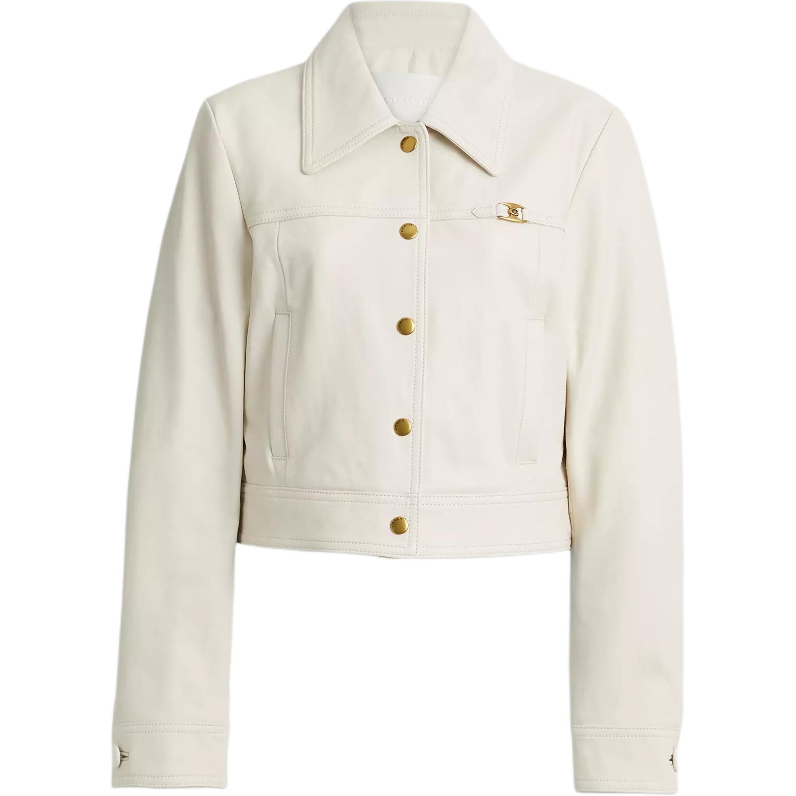 (Women) COACH  White Single-Breasted Long Sleeve Leather Jacket. CZ722-WHT