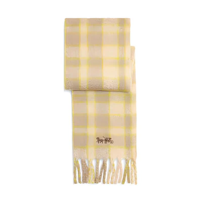 (Women) COACH Yellow Plaid Pattern Wool Scarf. CK713IVO