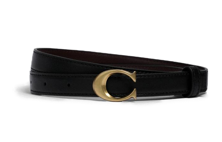 (Women) COACH Black Leather Belt with Gold Buckle, 1.8cm Wide Brown Print 89352-B4C1A