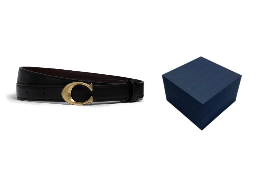 Sizing (W) 코치 블랙 가죽 벨트 골드 버클 1.8cm 브라운 프린트 89352-B4C1A