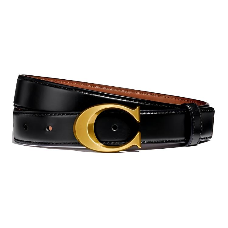 (Women) COACH Black Leather Belt with Logo Buckle, 2.5cm Wide. F83960
