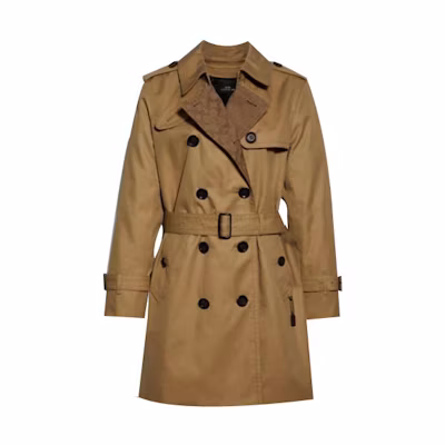 (Women) COACH Double-Breasted Trench Coat Khaki Monogram Long Sleeve. 89627-EAL