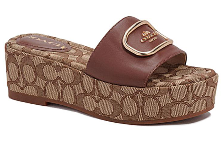 Lookbook COACH蔻馳 Eloise 真皮 經典標誌型 織帶 時尚涼拖 女款 棕色