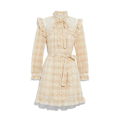 (Women) COACH FW21 Plaid A-Line Long Sleeve Dress Brown - C7894-TN2