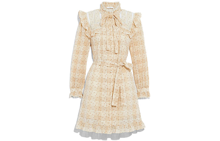 Order (W) COACH FW21 Gaun Lengan Panjang A-Line Kotak-Kotak Coklat. C7894-TN2