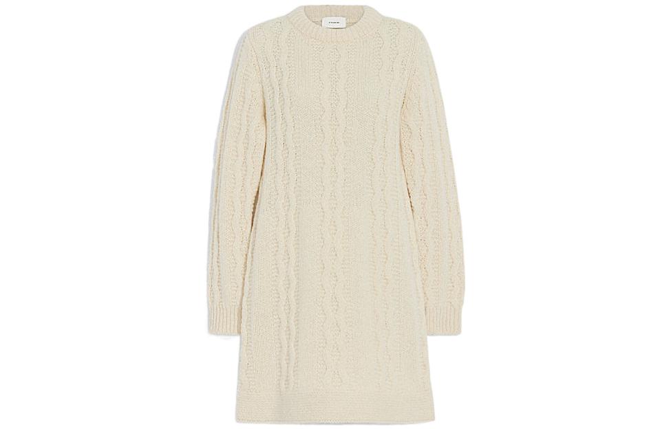 (Women) COACH FW22  Beige Cable Knit Long-Sleeve Sweater Dress CF015-CRM