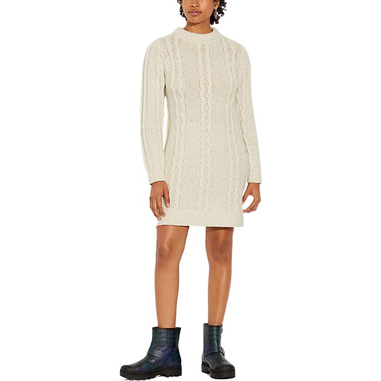 Lookbook (W) COACH FW22 Beige Cable Knit Sweater Dress Lengan Panjang Wanita. CF015-CRM