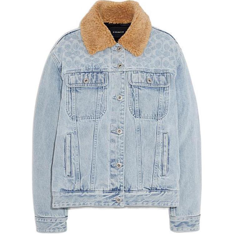 (Women) COACH FW22  Blue Denim Jacket with Color-Block Fur Collar. CB819-DEN