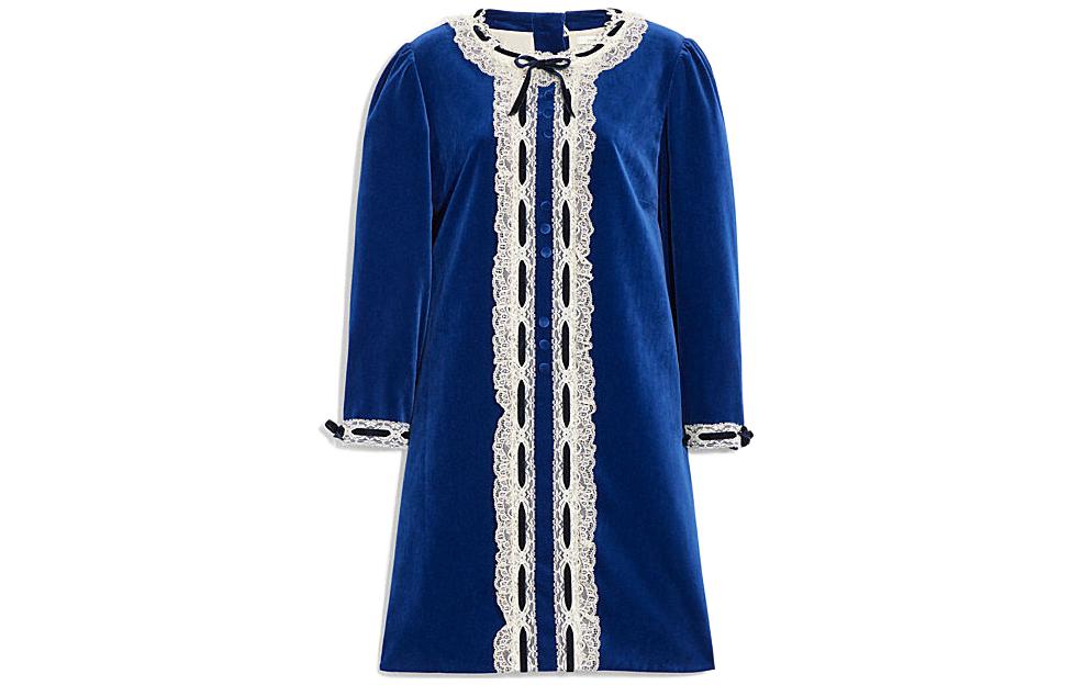 (Women) COACH FW22  Blue Lace Trim Short Button-Up Long Sleeve Dress CG586-BLU
