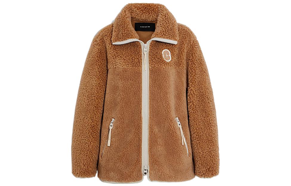 (Women) COACH FW22  Brown Lamb Wool Embroidered Zip-Up Jacket CB629-HZL