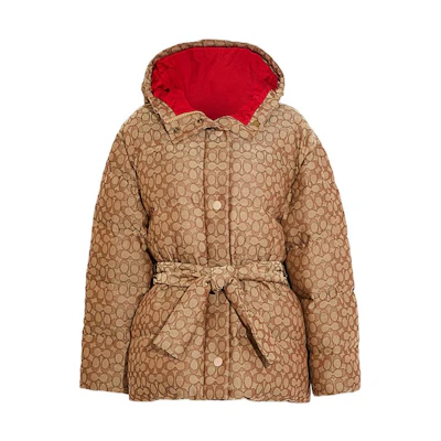 (Women) COACH FW22 Hooded Puffer Jacket in Signature Print Khaki Color. CE402-KH-RD