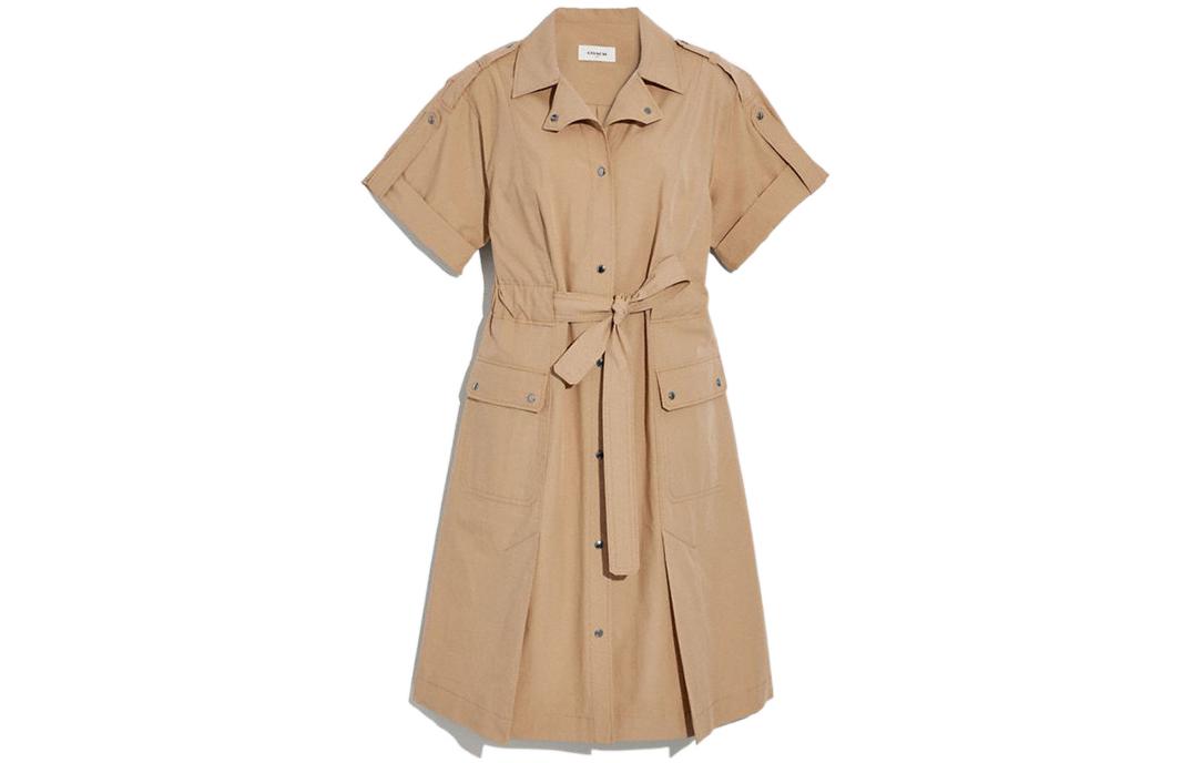 (Women) COACH FW22  Khaki Short Sleeve Belted High-Waist Dress 4222-KHA