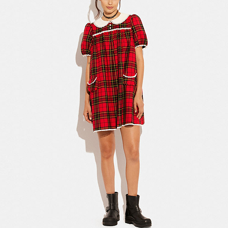 Lookbook (W) コーチ FW22 チェック柄ポケット付き半袖ドレス レッド CG584-REM