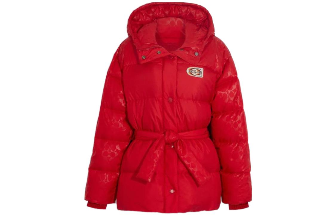 (Women) COACH FW22  Red Logo Hooded Long Sleeve Down Jacket. CE412-RED