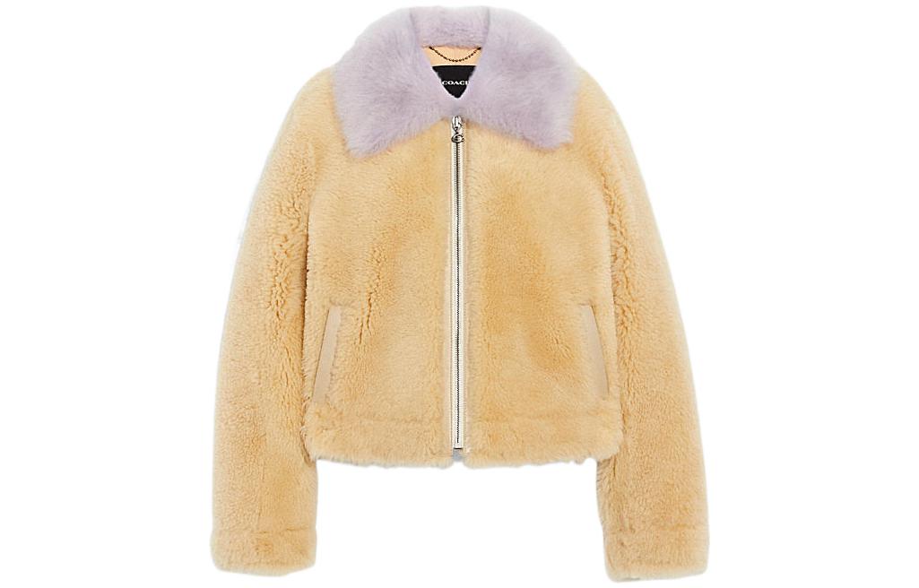 (Women) COACH FW22  Short Leather Jacket with Colorblock Fur Collar - Yellow. CF032-UW2