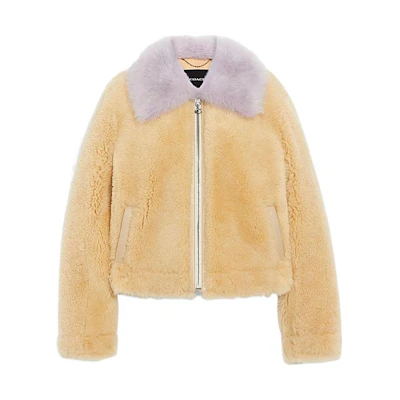 (Women) COACH FW22 Short Leather Jacket with Colorblock Fur Collar - Yellow. CF032-UW2