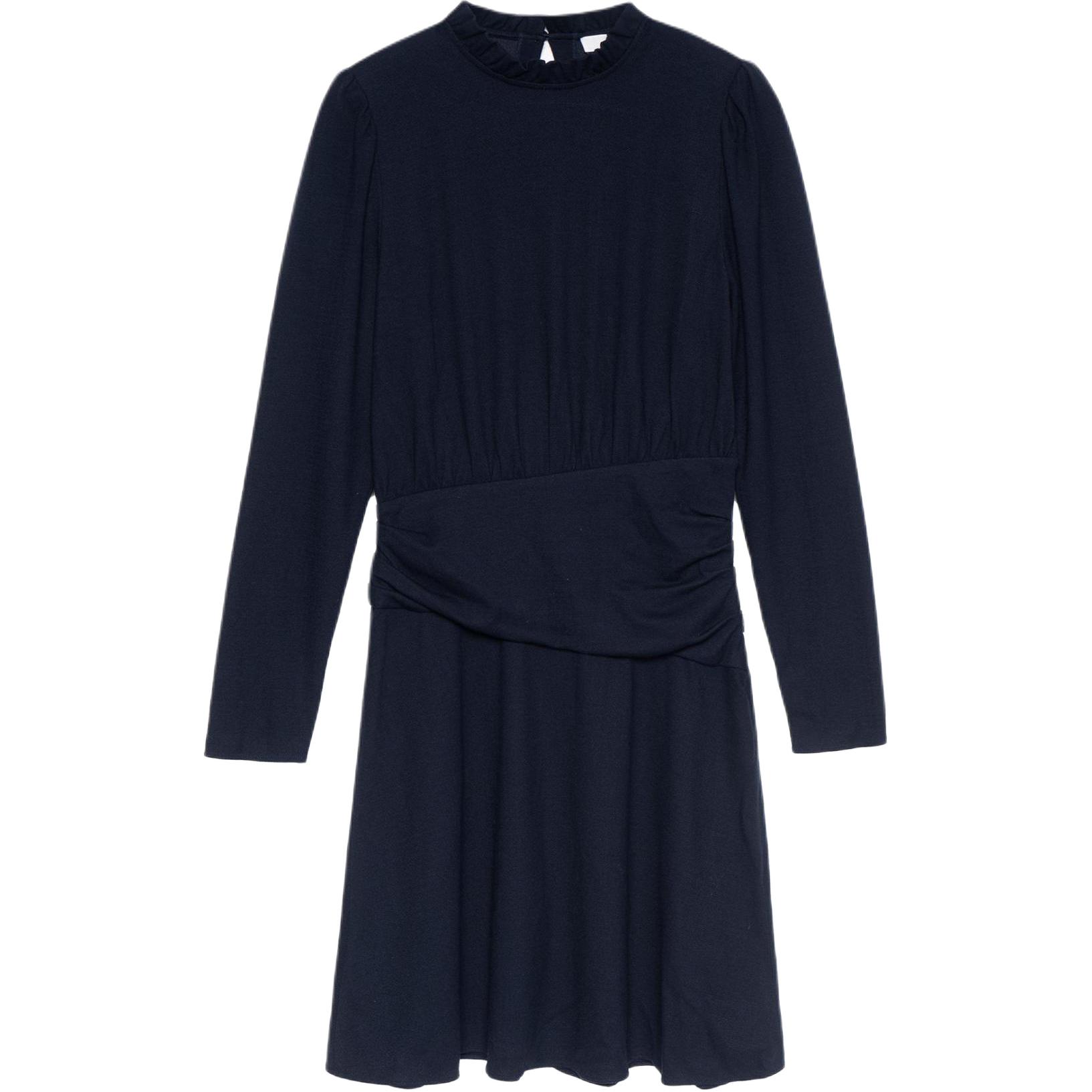 (Women) COACH FW22 Solid Ruffle Long-Sleeve Navy Blue Dress for Women. C5493-NAV