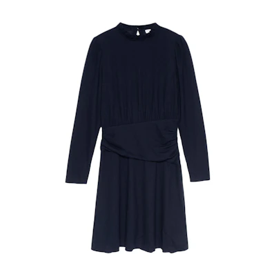 (Women) COACH FW22 Solid Ruffle Long-Sleeve Navy Blue Dress for Women. C5493-NAV