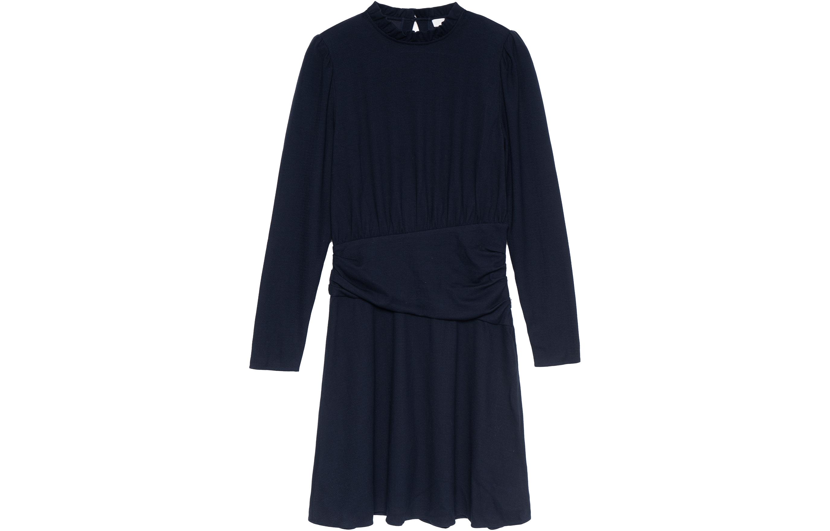 Order (W) COACH FW22 Gaun Biru Tua Lengan Panjang Wanita dengan Ruffle Elegan. C5493-NAV