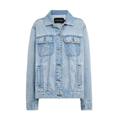 (Women) COACH FW23 Blue Denim Jacket with Letter Logo Print Long Sleeve. CL324-DEN