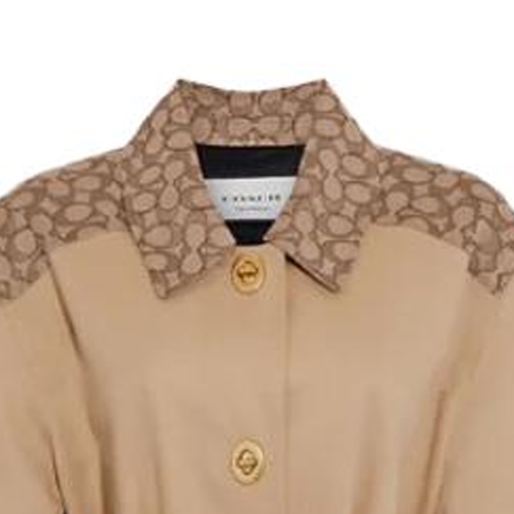 Lookbook (W) COACH FW23 Abrigo Marrón Largo de Manga Larga con Diseño de Logo Patchwork. CG056-EAL