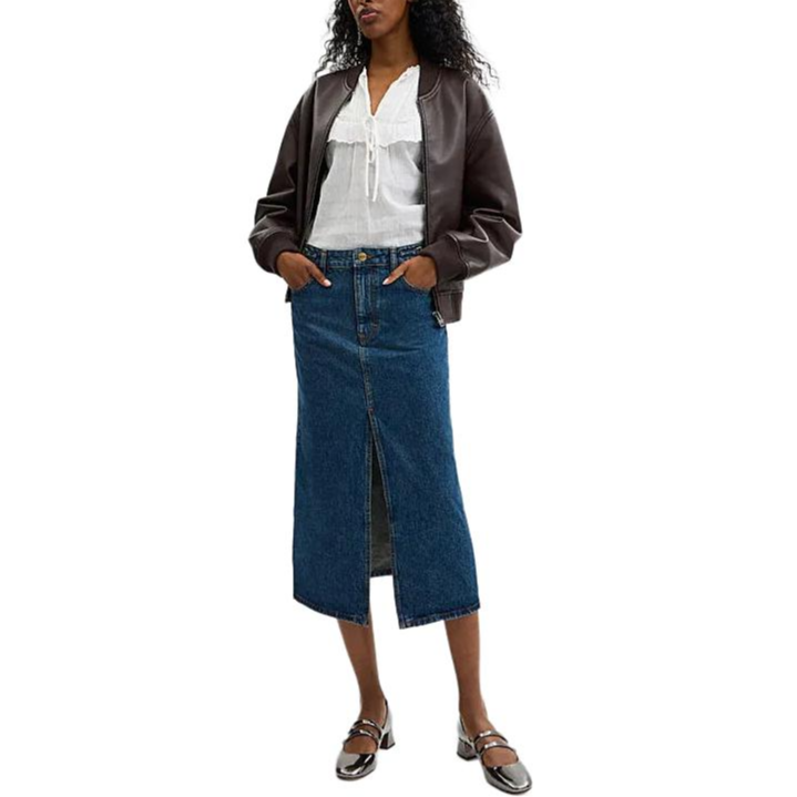 Shop (Women) COACH FW24  Logo Patch Denim Midi Skirt Deep Blue. CU424-MZ3