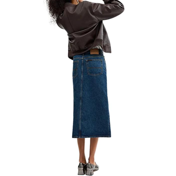 Purchase (Women) COACH FW24  Logo Patch Denim Midi Skirt Deep Blue. CU424-MZ3
