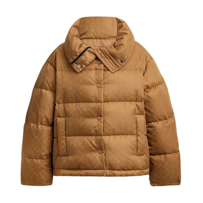 (Women) COACH FW24 Jacquard Short Down Jacket Women Brown CV411-LRC