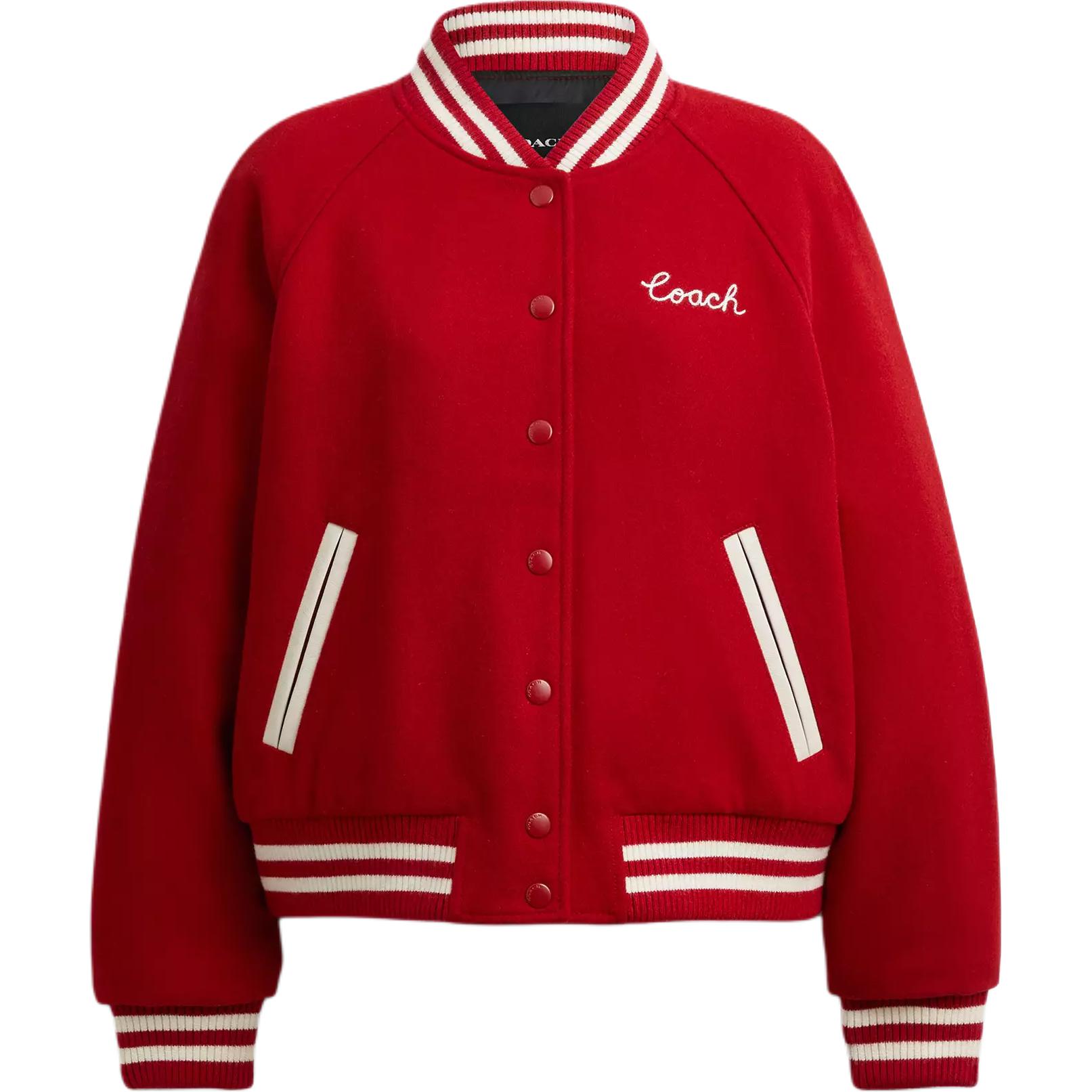 (Women) Coach FW25 Wool Varsity Jacket with Leather Details CCA12-RED