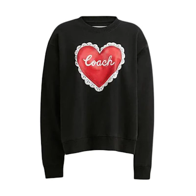 (Women) Coach Heart Logo Print Black Crewneck Sweatshirt SS24 Collection CQ141-BLK