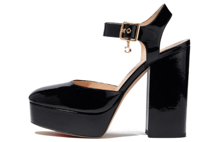 (W) Coach Isabella 'Patent Black Buckle Chunky Heel'