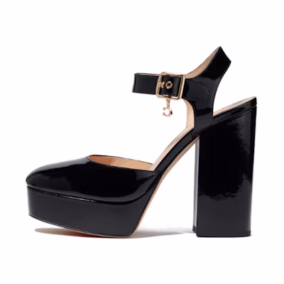 (W) Coach Isabella 'Patent Black Buckle Chunky Heel'