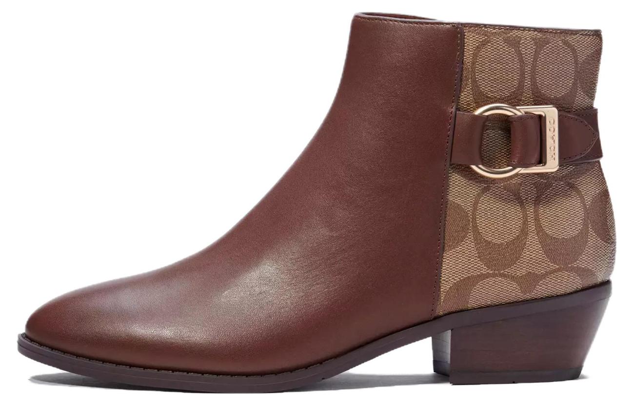 (Women) Coach Leather Round-Toe Chunky Heel Zip Booties 'Brown' C5772_WAL