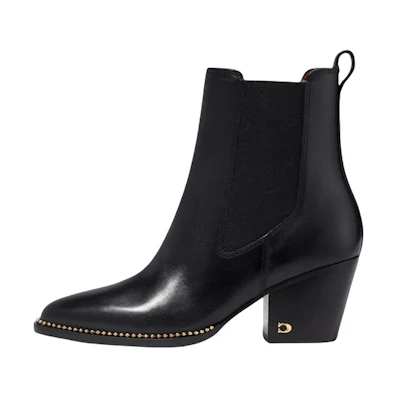 (W) Coach Leather Round Toe Chunky Heel Chelsea Boot 'Black'