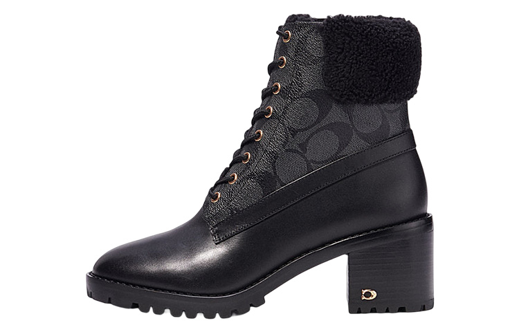 Buy COACH蔻馳 皮革 圓頭 繫帶 短靴 5cm 女款 黑色