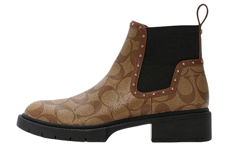 (W) Coach Leather Round Toe Slip-On Flat Chelsea Boots 'Brown Black'