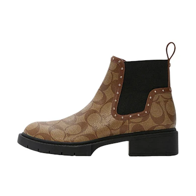 (W) Coach Leather Round Toe Slip-On Flat Chelsea Boots 'Brown Black'