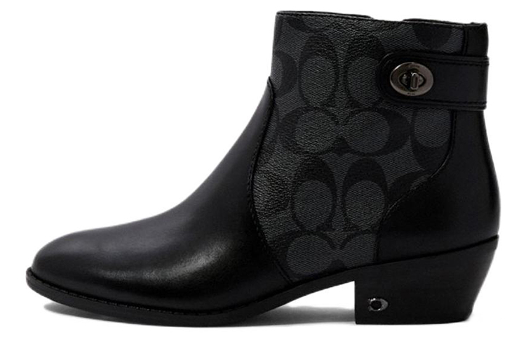 (W) Coach Leather Zip Ankle Boot 'Black Chunky Heel'