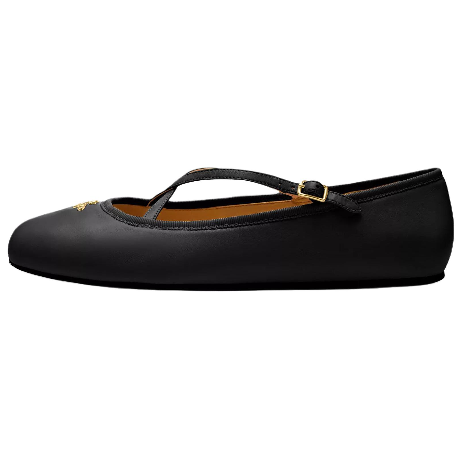 (Women) COACH Phoebe Black Leather Ballet Flats with Round Toe and Buckle. CDF60-BLK
