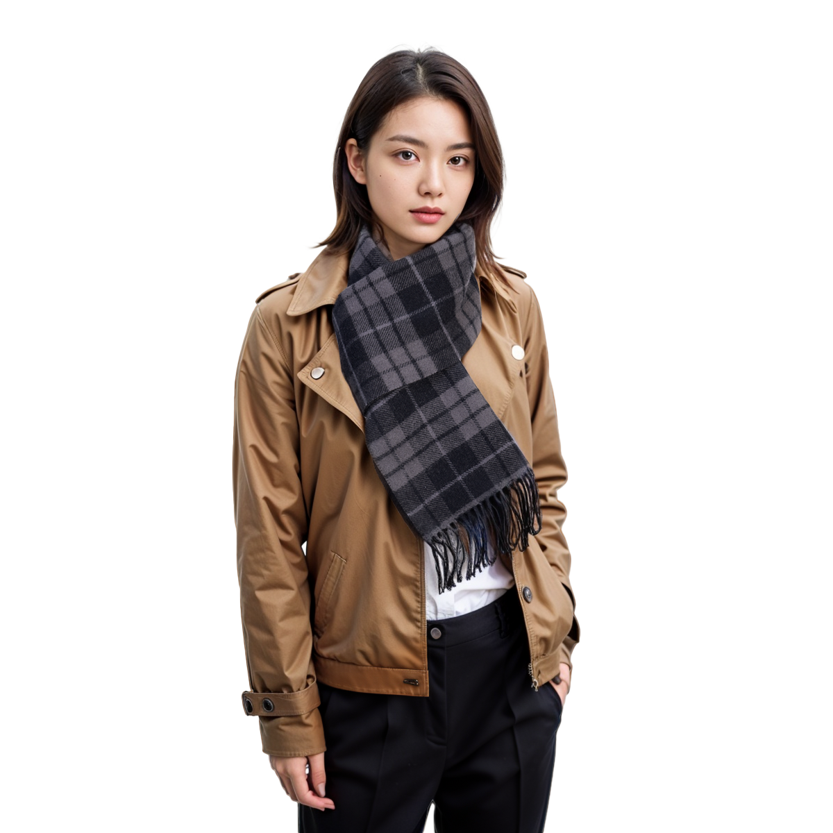 Shop (W) COACH Syal Wol Reversible Motif Carriage Plaid Seri Aksesori 4624-BLK