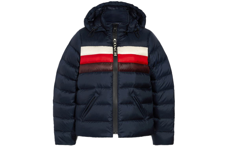(Women) COACH Short Colorblock Puffer Jacket with Hood Winter Deep Blue. 4524-A8Z