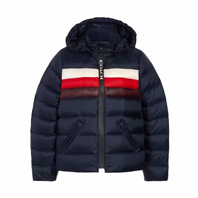 (Women) COACH Short Colorblock Puffer Jacket with Hood Winter Deep Blue. 4524-A8Z
