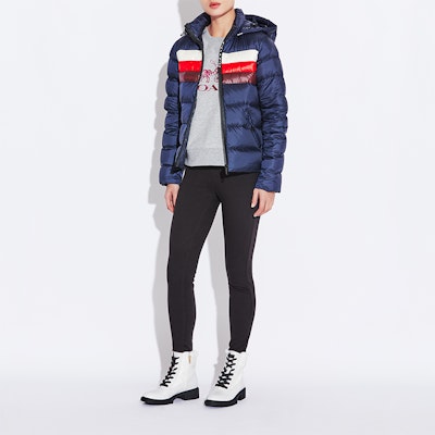 (Women) COACH Short Colorblock Puffer Jacket with Hood Winter Deep Blue. 4524-A8Z Lookbook (Women) COACH Short Colorblock Puffer Jacket with Hood Winter Deep Blue. 4524-A8Z